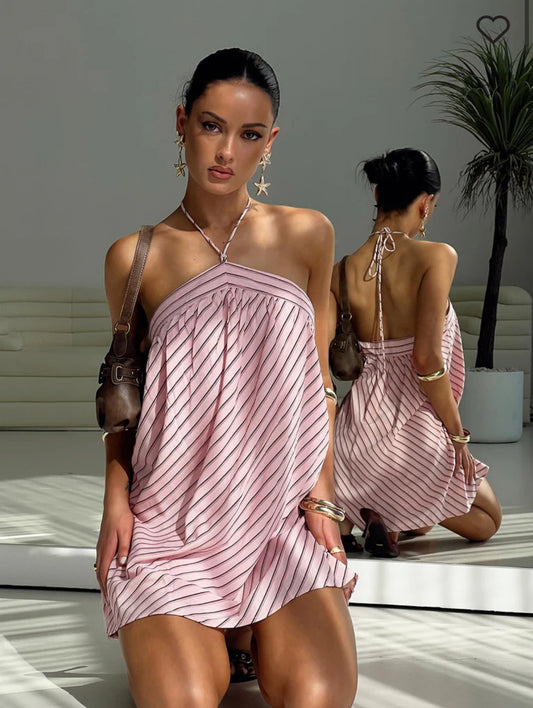 MOONLIT MINI DRESS PINK STRIPE